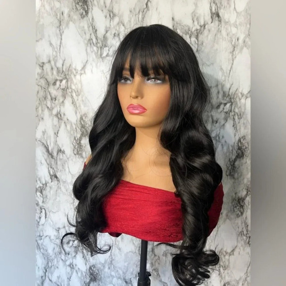 26 Inch Long Wave Curly Black Wig with Bangs density 200% BOUTIQUE - Picture 7 of 12